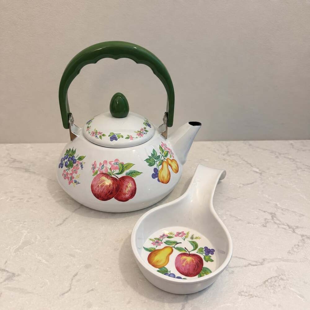 Reston Lloyd Eurita Fruit Enamel Tea Kettle + Spoon Rest Vintage Cottagecore